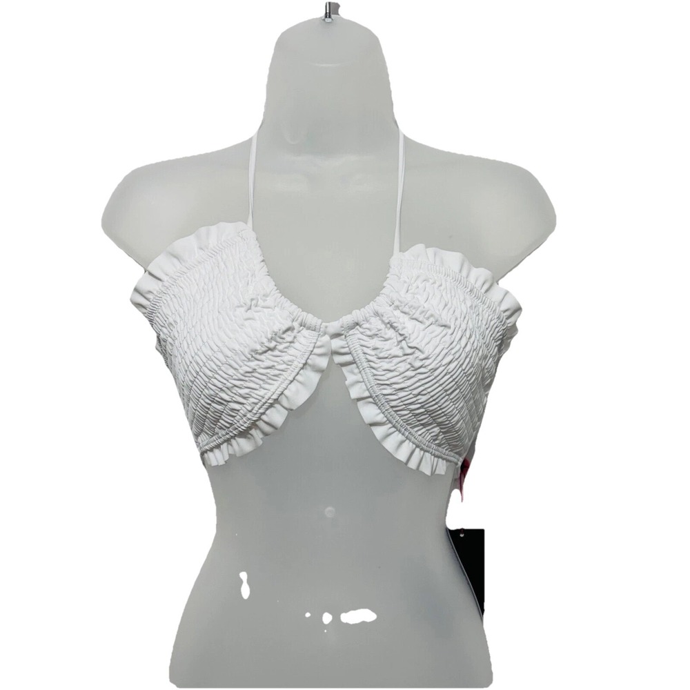 South Beach White Smocked Ruffle Halter Bikini Top Swimsuit‎ Sz 8 beach resort